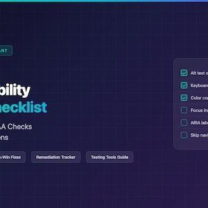 May include: A dark blue graphic with the text "Website Accessibility Audit Checklist" and "WCAG 2.1 AA Compliant." Includes a checklist with items like "Alt text on all images" and "Keyboard navigation."