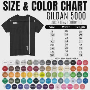 Puede incluir: Una tabla de tallas y colores para la camiseta unisex de algod&oacute;n pesado Gildan 5000. La imagen muestra una camiseta negra con flechas de medici&oacute;n, una tabla de tallas en pulgadas y una cuadr&iacute;cula de c&iacute;rculos de varios colores.