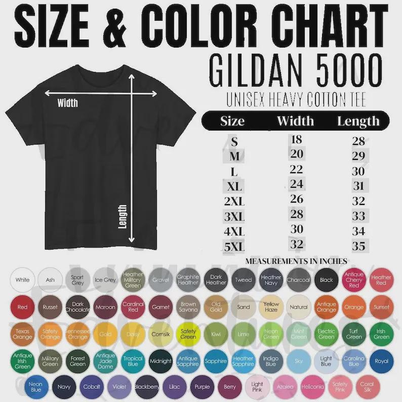 Puede incluir: Una tabla de tallas y colores para la camiseta unisex de algod&oacute;n pesado Gildan 5000. La imagen muestra una camiseta negra con flechas de medici&oacute;n, una tabla de tallas en pulgadas y una cuadr&iacute;cula de c&iacute;rculos de varios colores.