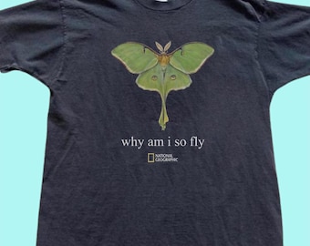 May include: A black short-sleeve t-shirt featuring a graphic of a green luna moth. Below the moth, the text reads "why am i so fly" in white letters, followed by the yellow and white National Geographic logo centered on the chest.