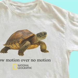 May include: A white t-shirt featuring a graphic of a brown turtle. Below the turtle, the text reads "slow motion over no motion" in black, followed by the yellow and white National Geographic logo.