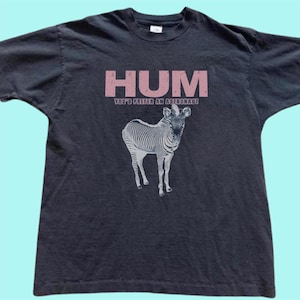 Könnte beinhalten: Dunkelgraues T-Shirt mit dem Wort "HUM" in rosa Blockbuchstaben über dem Satz "YOU'D PREFER AN ASTRONAUT". Darunter eine detaillierte Illustration eines Zebras. Das T-Shirt ist aus weichem Material.