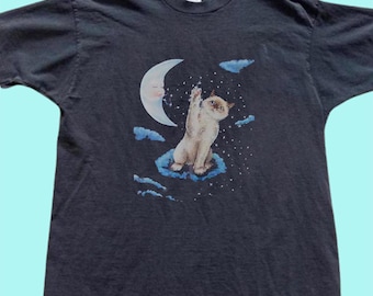 Cat Reaching Moon T-Shirt, Cat Lovers Gift, Unisex Cotton