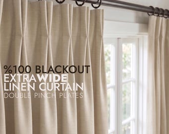 Blackout Double Pinch Pleated Linen Curtains for Living Room, Bedroom. Custom Size, Extra Wide Drapes, French Pleat