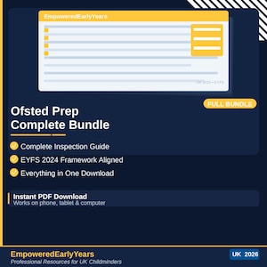 May include: An advertisement for the "Ofsted Prep Complete Bundle" digital resource. The image is a blue and yellow design, with text highlighting key features: "Complete Inspection Guide," "EYFS 2024 Framework Aligned," and "Everything in One Download." It's an instant PDF download.