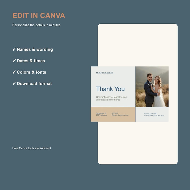 Modern Duo Modern Photo Thank You Card Template, Editable Canva Wedding ...