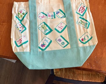 Handgeschilderde canvas tas met mahjongtegels