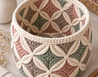 Cathedral Window Crochet Basket Pattern, Textured Floral Storage Basket PDF, Yarn Organizer, Home Decor Crochet Pattern