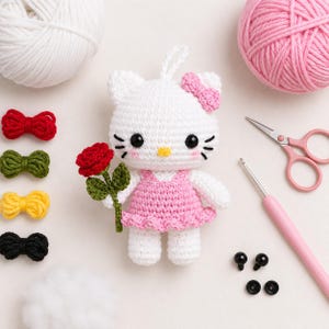 Modèle PDF de chaton amigurumi au crochet | Jouet chat kawaii avec fleur (Téléchargement numérique)