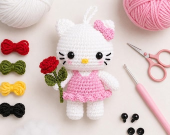 Amigurumi Kitten Crochet Pattern PDF | Kawaii Cat Toy with Flower (Digital Download)