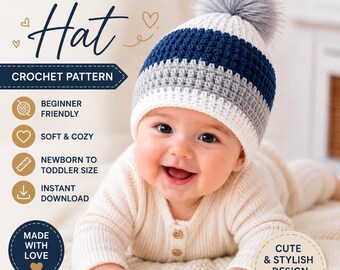 Baby Crochet Hat Pattern, Pom Pom Beanie PDF, Baby Winter Hat Crochet Pattern, Beginner