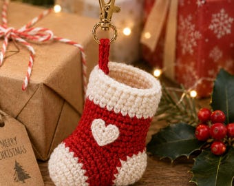 Crochet Mini Stocking Charm Pattern PDF, Christmas Stocking Keychain Crochet Pattern, Functional Bag Charm, Holiday Ornament DIY
