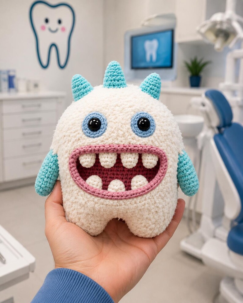 May include: A white crochet monster plush toy with three light blue horns, two black plastic eyes, and a wide open mouth featuring a pink interior and four white teeth on the top and bottom rows. The creature has light blue arms.