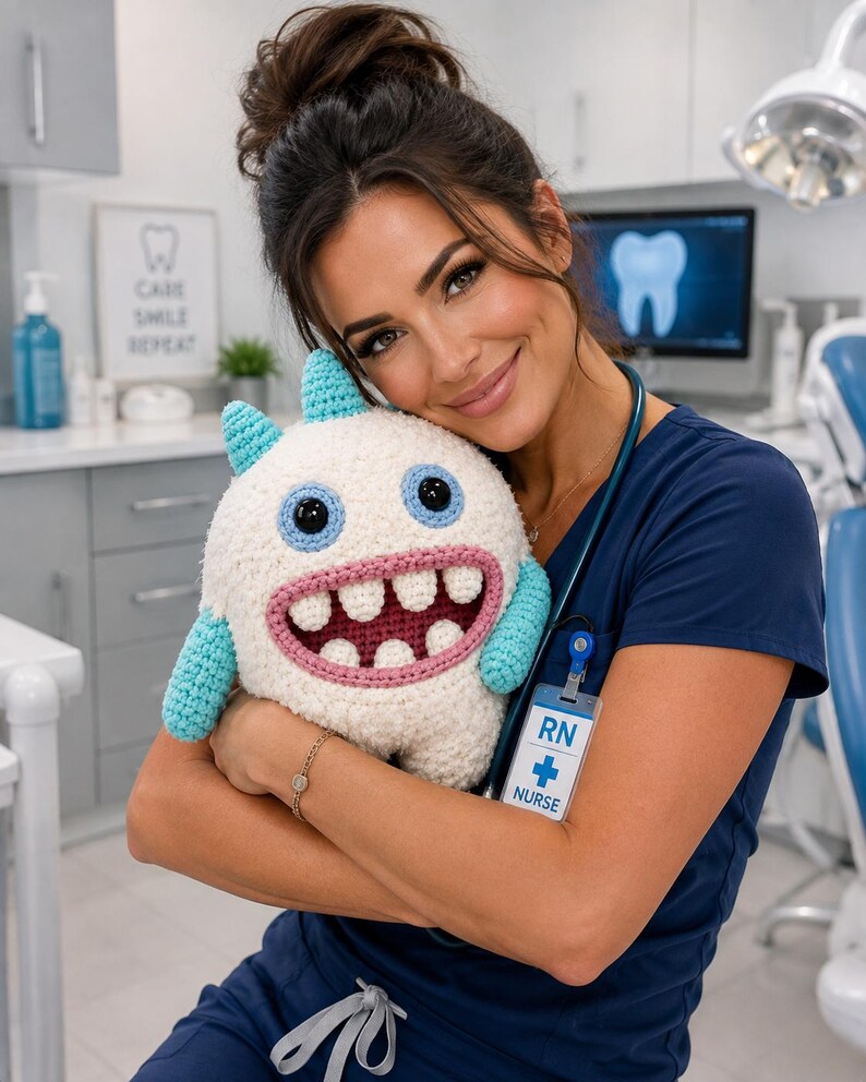 May include: A round, white crocheted monster plush toy with two light blue horns, light blue arms, and large black eyes. The monster features a wide, open mouth with a pink border and four large white teeth, showcasing a friendly, soft-textured design.