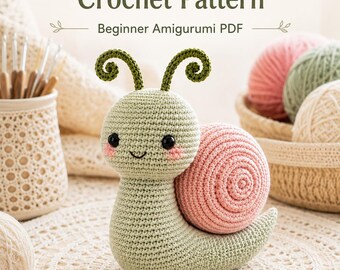 Green Snail Crochet Pattern, Pink Spiral Shell Amigurumi Toy (PDF Download)