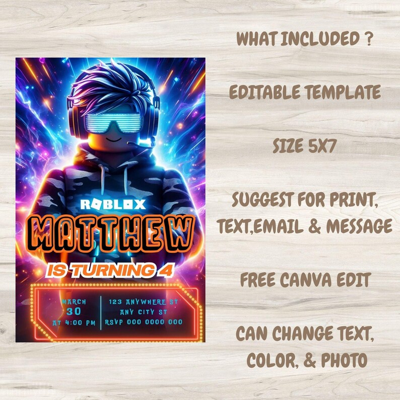 Editable and Printable Roblox Birthday Party Invitation Template (5x7 ...