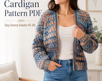 Crochet Cardigan Pattern PDF, Open Front Granny Sweater XS–3XL