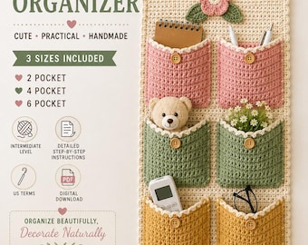 Crochet Hanging Wall Organizer Pattern, Textured Pockets, Flower Applique (PDF Download)