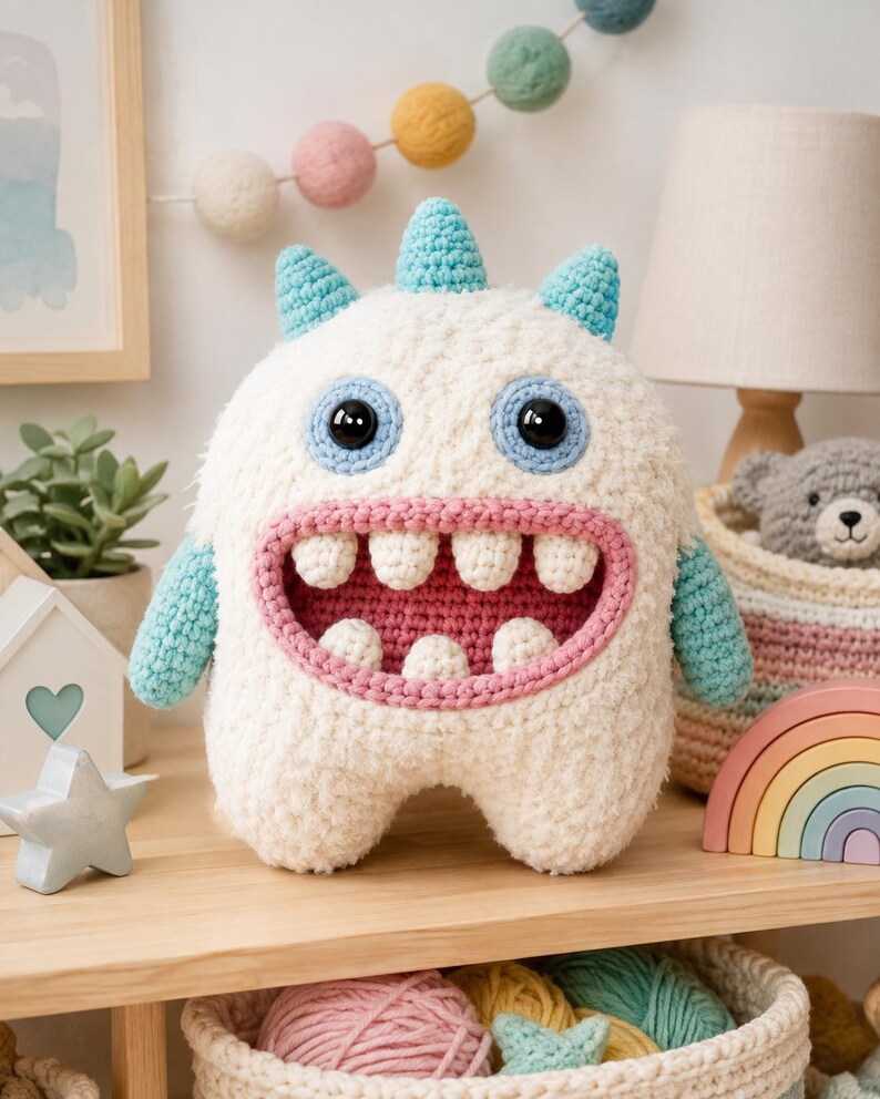 May include: A plush crochet monster toy with a fuzzy white body, light blue horns and arms, and large black eyes. It features a wide, open mouth with a pink interior and several white teeth. The creature has a rounded, soft-textured appearance.
