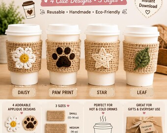 Crochet Coffee Cup Sleeve Pattern, 4 Applique Designs, 3 Sizes (PDF Download)