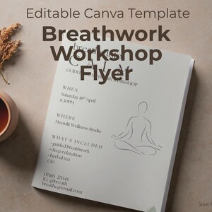 Plantilla editable para folleto de taller de respiración consciente (Canva) / Cartel para evento de bienestar
