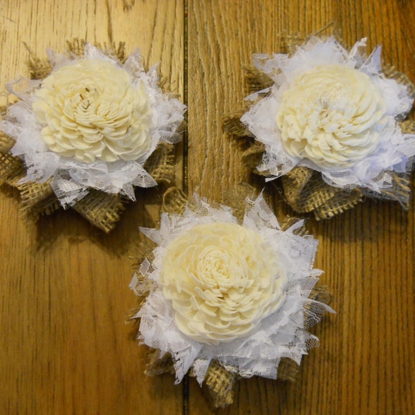 Rustic Burlap, Lace and Sola flower decorations/embellishments - Set of 3 for your DIY project - ready to ship