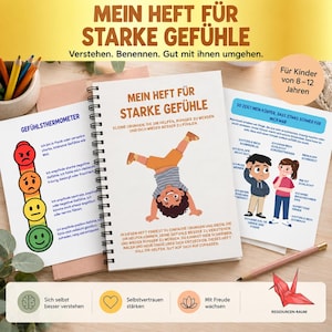 Könnte beinhalten: Ein spiralgebundenes Heft mit dem Titel Mein Heft für starke Gefühle und einer Illustration eines Kindes im Handstand auf dem Cover. Das Set enthält Seiten mit einem Gefühlsthermometer, Kinderzeichnungen und deutschem Text zur Gefühlsbewältigung.