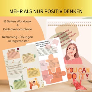 Può includere: Un set di quaderno di esercizi e diario di riflessione di 15 pagine intitolato MEHR ALS NUR POSITIV DENKEN. Le pagine presentano testo, grafiche a forma di tasselli di puzzle e illustrazioni con frasi come Denk dich frei e YOU CAN DO IT.
