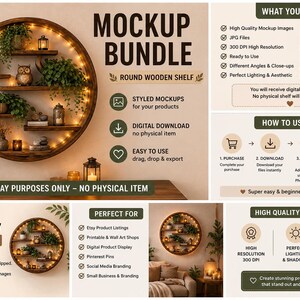 Puede incluir: Un paquete de maquetas digitales que presenta una estantería redonda de madera adornada con plantas, luces y elementos decorativos. La imagen incluye el texto "Mockup Bundle" y "Digital Download". La estantería es solo para fines de exhibición.