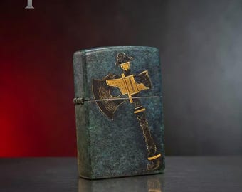 Battle Axe Zippo Lighter Vintage Warrior Inspired Design Green Patina Finish Collectible Zippo Gift Unique Pocket Lighter Art