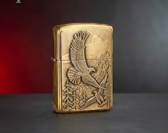 Majestic Eagle Mountain Zippo Lighter, Gold Engraved Nature Zippo, Wildlife Collectible Gift for Him, Birthday Gift, Mens Accessories