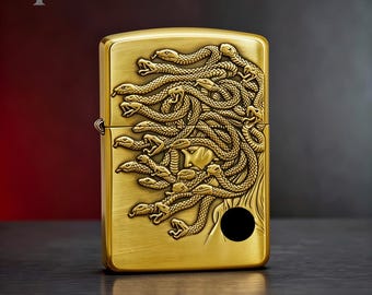 Golden Medusa Snake Zippo Lighter, Mythic Snake Head Zippo, Antique Gold Collectible Lighter Gift for Him, Unique Artistic Men's Gift