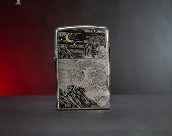 Ocean Wave Art Zippo Lighter, Japanese Style Engraved Zippo, Moon Night Sea Collectible Gift for Him, Birthday Gift, Mens Accessories