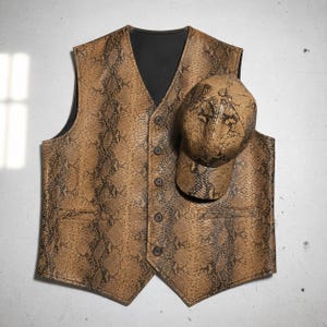 May include: A brown and black snakeskin-patterned vest with a matching baseball cap. The vest has a V-neck, button closure, and two front pockets. The cap has a curved brim and a similar snakeskin design.