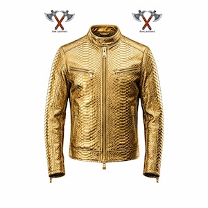 Men’s Handmade Gold Python Embossed Leather Jacket – Luxury Exotic Snakeskin Style Biker Jacket | Gift for Men