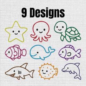 May include: A digital graphic featuring the text 9 Designs above nine outlined sea creature illustrations including a yellow starfish, red octopus, green turtle, pink fish, blue whale, purple fish, brown shark, orange pufferfish, and blue dolphin.