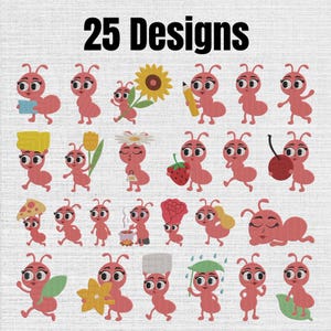 May include: A digital collection of 25 designs featuring a cartoon pink ant in various poses and activities, including holding a sunflower, a pencil, a strawberry, a cherry, a slice of pizza, a flower, and a cooking pot, all on a white background.