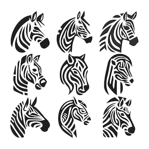 May include: Nine black and white zebra head illustrations in various poses. Each zebra head is a silhouette with bold, contrasting stripes. The zebras face different directions, showcasing the animal's profile.