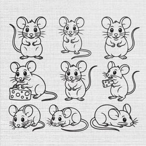 Pacchetto di disegni per ricamo a contorno di topo, file per ricamo a macchina di un ratto dei cartoni animati, disegno a contorno di un cucciolo di animale, download immediato, 5 dimensioni
