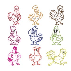 May include: Nine cartoon rooster illustrations in various poses and outfits. The roosters are outlined in different colors, including red, brown, blue, and green. One rooster wears a chef's hat, and another is dressed in a suit.