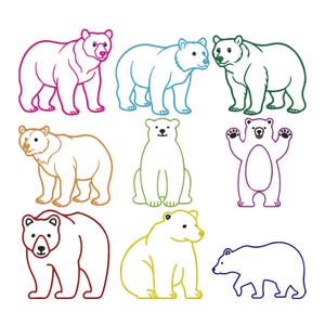 Könnte beinhalten: Neun farbenfrohe Bärenillustrationen in verschiedenen Posen. Die Bären sind in den Farbtönen Rosa, Blau, Grün, Orange, Weiß, Lila, Rot, Gelb und Marineblau umrandet. Einige Bären stehen, sitzen oder gehen, während einer die Pfoten hebt.