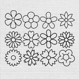 May include: A collection of twelve distinct black and white line art flower illustrations arranged in a grid. Each floral icon features a unique petal shape, ranging from rounded and heart-shaped to pointed and serrated edges, all with a central circle.