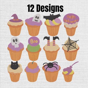 May include: A digital collection of 12 Designs featuring Halloween-themed cupcakes. Each cupcake has a tan paper liner and various toppings including a witch hat, ghost, bat, Happy Halloween text, skull, Boo text, witch legs, spider web, cat, pumpkin, spider, and lollipop.