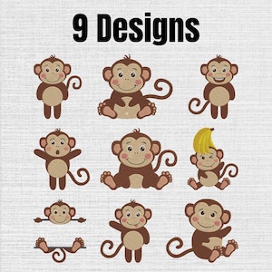 May include: A digital collection of 9 Designs featuring brown monkey illustrations with light tan bellies and pink cheeks. The monkeys are depicted in various poses, including sitting, standing, waving, and one holding a yellow banana.