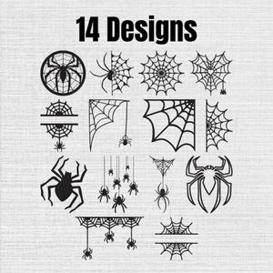 May include: A collection of 14 black graphic designs featuring various spider and spiderweb illustrations. The set includes circular webs, corner webs, hanging spiders, and split web motifs arranged on a light grey textured background.