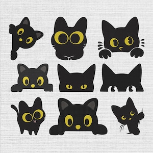 May include: A collection of nine black cat illustrations arranged in a grid. Each cat features large, bright yellow eyes and distinct poses, including peeking, sitting, and resting paws, rendered in a flat, graphic style against a light background.
