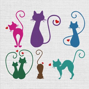 May include: A collection of six cat silhouettes in various colors including pink, purple, blue, green, and brown. Each cat features a long, curled tail and small red heart accents. The designs are arranged on a light, textured background.