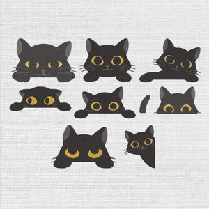 May include: A collection of eight black cat illustrations featuring various poses, including cats peeking over edges and resting their heads on paws. Each cat has distinct yellow eyes and simple facial features, presented as individual graphic elements.