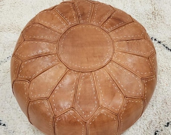 Marokkanischer Leder Pouf Ottomane – Handgefertigter Boho Fußhocker – Rundes Bodenkissen – Wohnzimmer Deko