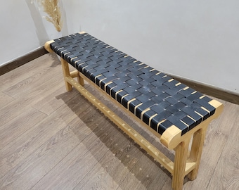 Bohemian Leather Bench |  Rustic Wooden Seating | Modern Farmhouse Entryway Bench | Artisan Home Furniture.